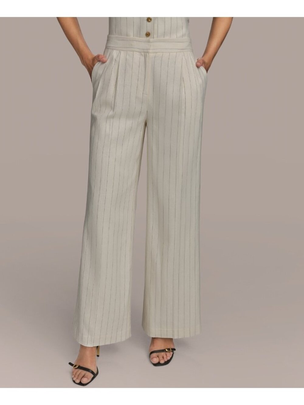 Donna Karan New York Linen-Blend Pinstripe Wide Pants Cream Size 12 MSRP $119